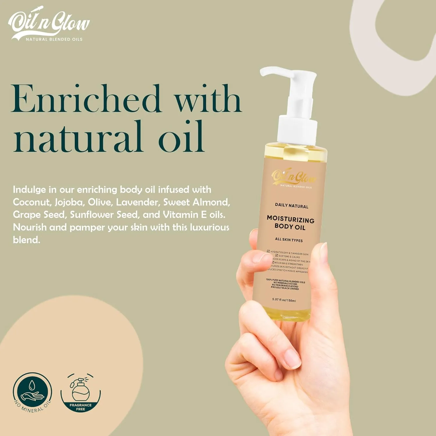 100% Pure Natural Hydrating Body Oil After Shower With Vitamin E, Coconut, Jojoba, Olive, Almond - Moisturizing Oil For Dry Skin, Non-Greasy Body Oils For Women & Men - Unscented 5.07 fl oz