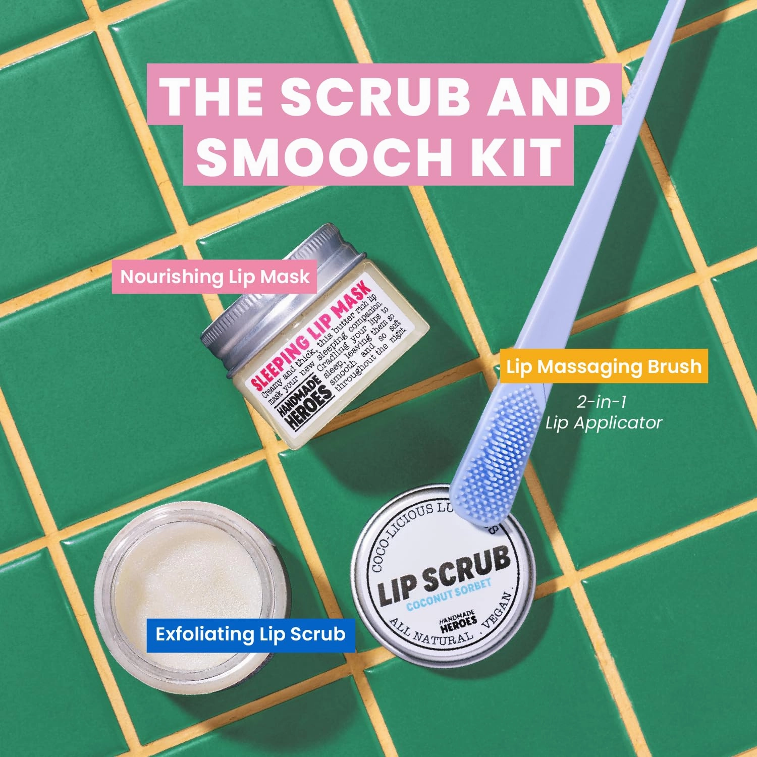 100% Natural Lip Scrub, Vegan Conditioning Coconut Lip Exfoliator - Gentle Exfoliant, Sugar Lip Polish and Lip Exfoliator Scrubber for Chapped and Dry Lips (Bakuchiol 3pc Set)