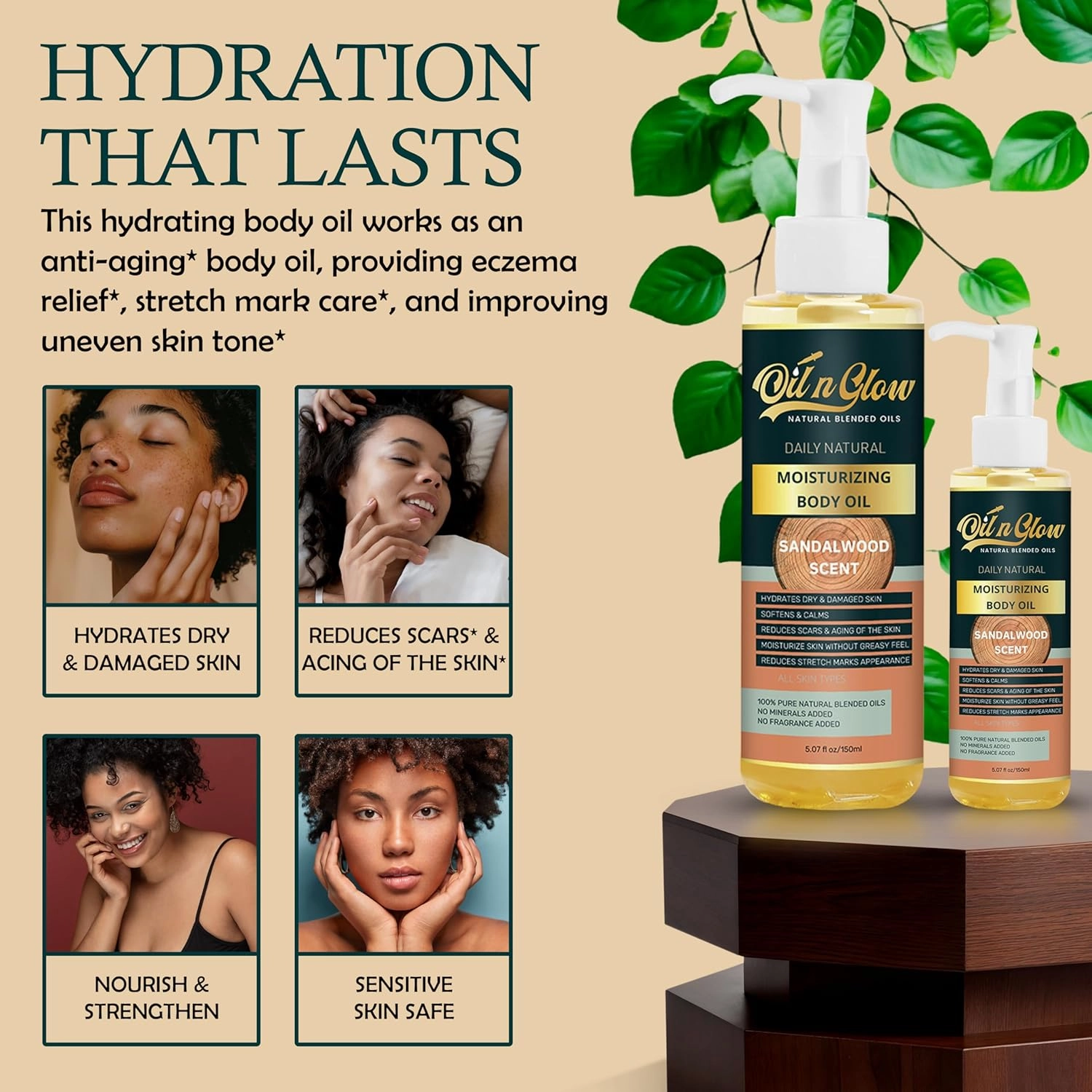 100% Pure Natural Hydrating After Shower Body Oil with USDA Organic Coconut, Jojoba, Olive Almond & Vitamin E Non-Greasy Body Oil For Women & Men Dry Skin -5.07 fl oz/150ml - Sandalwood Scent
