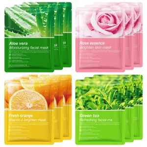 12 Pack Sheet Face Masks Skincare, Soothing Aloe Vera Face Masks Rose Green Tea Vitamin C Face Masks， Hydrating Face Masks for Women, Moisturizing Face Masks, Brightening &Calming Face Sheet Masks