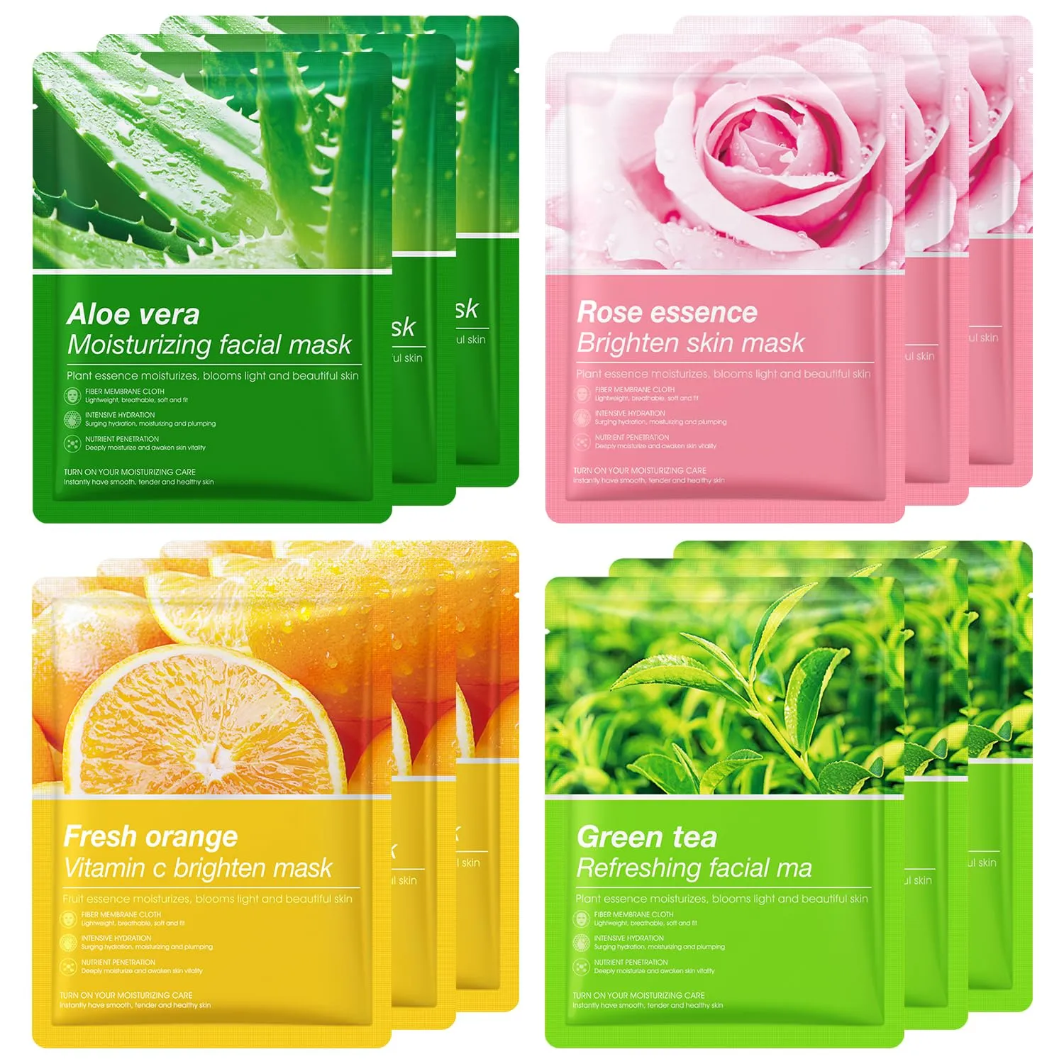 12 Pack Sheet Face Masks Skincare, Soothing Aloe Vera Face Masks Rose Green Tea Vitamin C Face Masks， Hydrating Face Masks for Women, Moisturizing Face Masks, Brightening &Calming Face Sheet Masks
