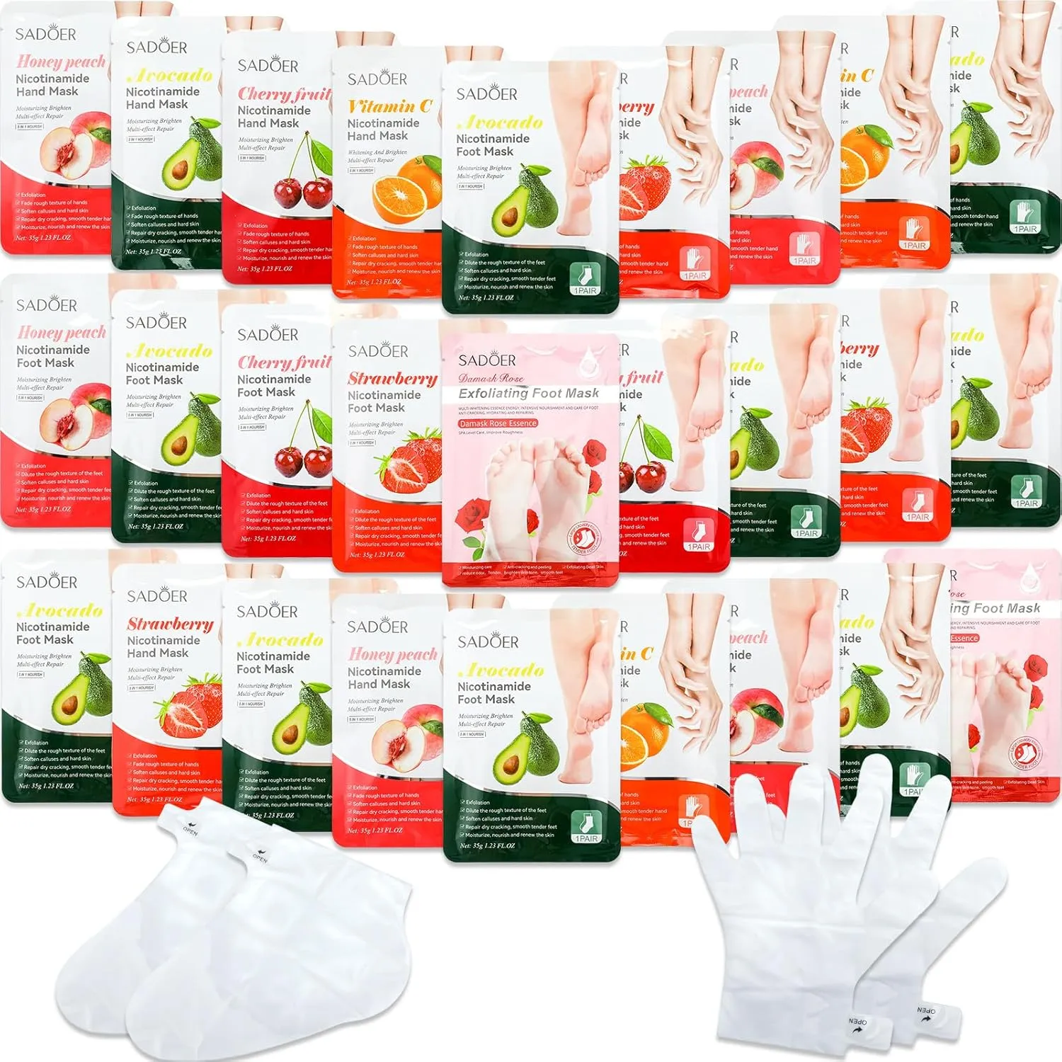 24 Pcs Fruits Beauty Hand Foot Mask Bulk Hydrating Hand Foot Moisturizing Gloves Shea Butter Aloe Mask for Spa Kit Beauty Skincare Gift Beauty Kits for Women