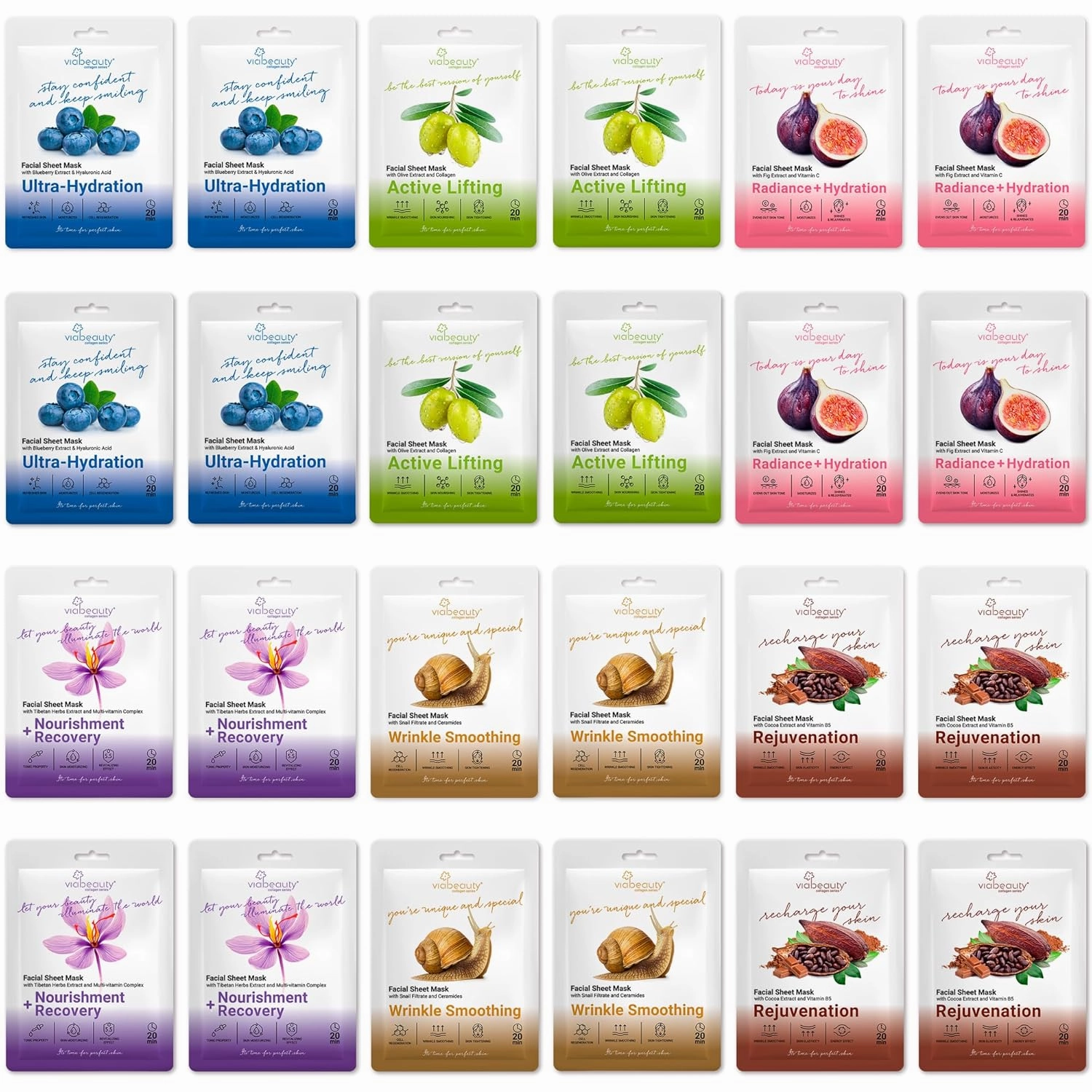 24 Pack of Sheet Face Masks Skincare - Collagen Face Mask Sheets with Hyaluronic Acid, Vitamin C, Snail Mucin - Facial Sheet Mask for Hydrating, Rejuvenating, Moisturizing