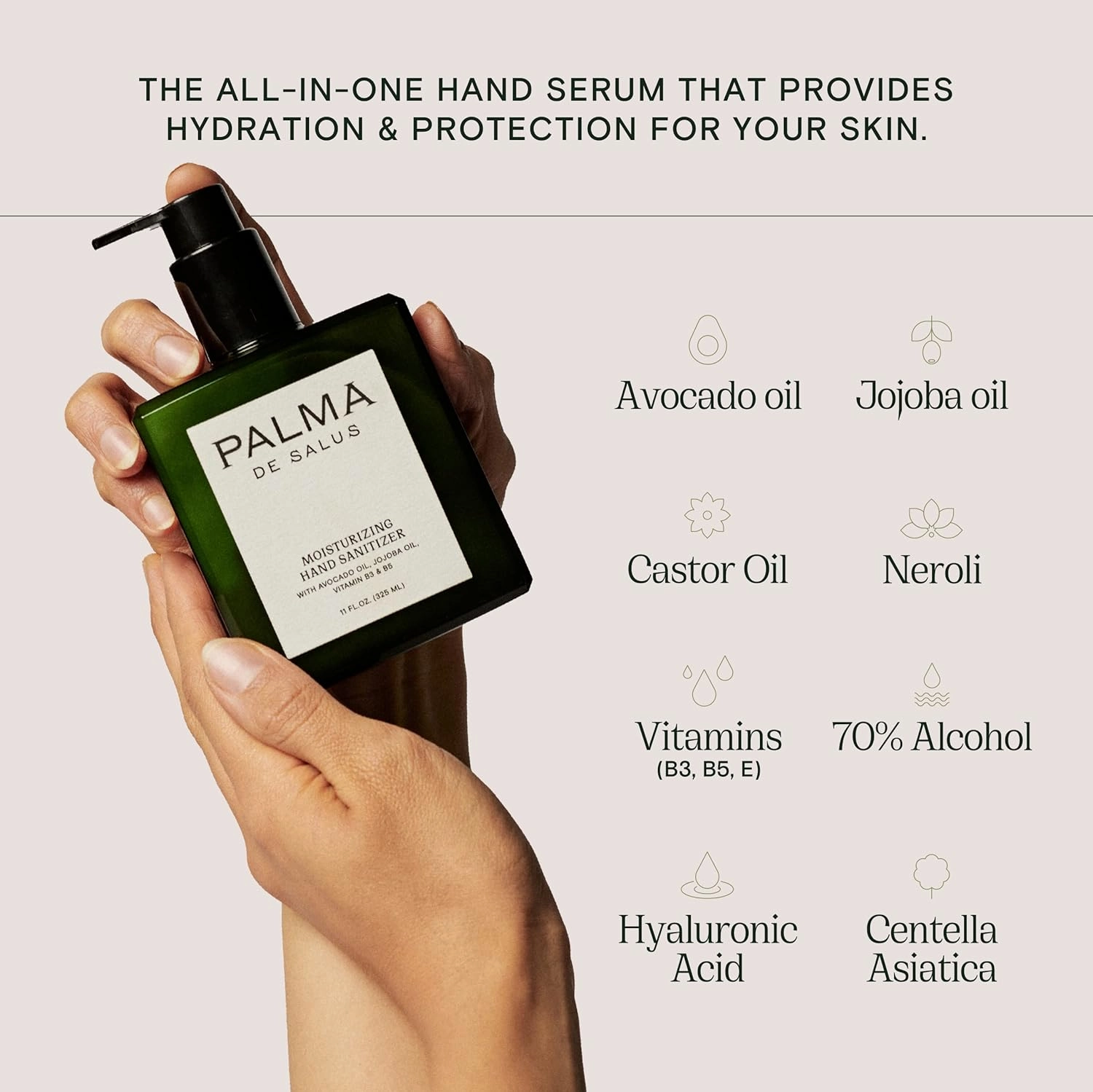 2-in-1 Home-size Moisturizing Hand Sanitizer & Hand Lotion | Avocado Oil, Jojoba Oil, Hyaluronic Acid, Centella Asiatica, Castor Oil | Neroli Scent | 70% Alcohol |11oz