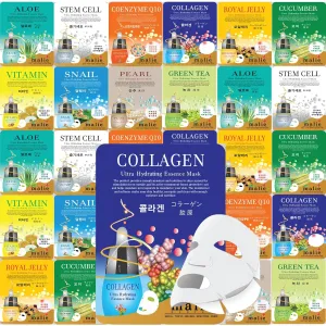 30 pcs Ultra Hydrating Essence Mask, Korean Facial Mask Sheets (3 x 10 Types), Moisturizing Skincare, Dermal Care