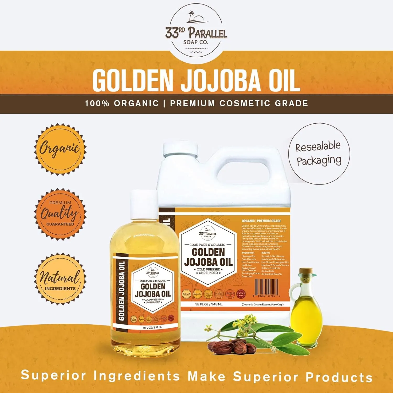 33rd PARALLEL | Golden Jojoba Oil (16 oz) Cold Pressed & Unrefined; Non-GMO; 100% Pure & Natural Hexane Free | Moisturizing Oil for Skin, Face, Hair & Nails | 16 FL OZ