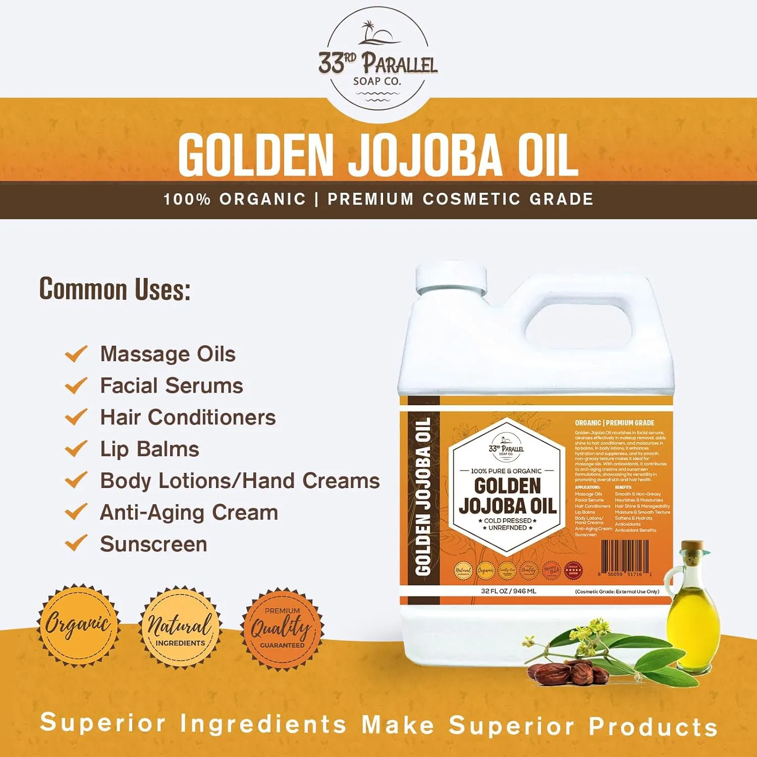 33rd PARALLEL | Golden Jojoba Oil (16 oz) Cold Pressed & Unrefined; Non-GMO; 100% Pure & Natural Hexane Free | Moisturizing Oil for Skin, Face, Hair & Nails | 16 FL OZ