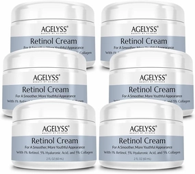 Agelyss Retinol Face Cream - 1% Retinol - Collagen, Hyaluronic Acid - 2 Fl Oz - 60mL - Pack of 6