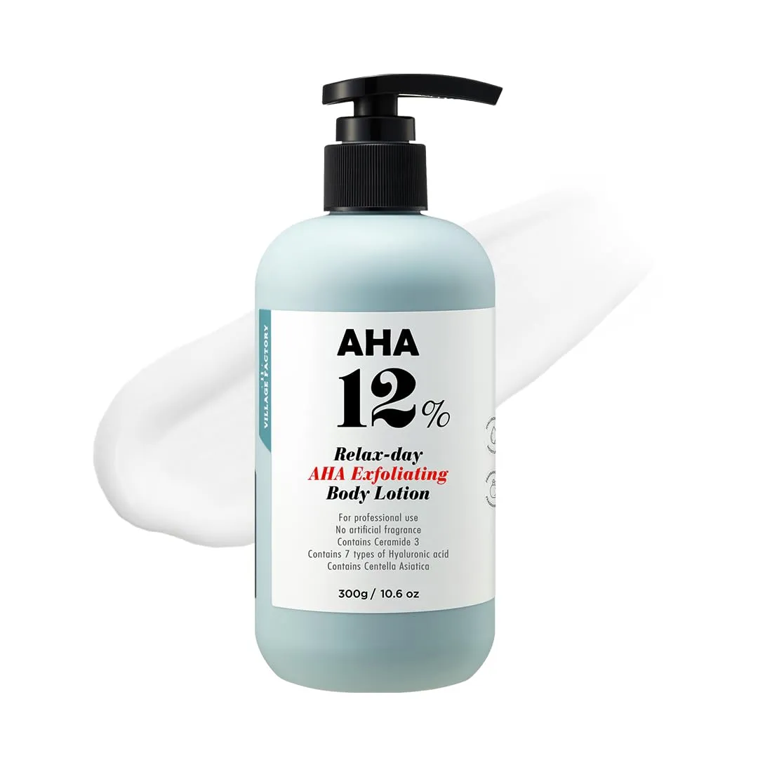 AHA 12% Body Lotion, Korean Body Cream, Exfoliating & Rejuvenating Formula with 12% Glycolic Acid and Hyaluronic Acid. Unscented, Paraben Free. 10.6 Oz