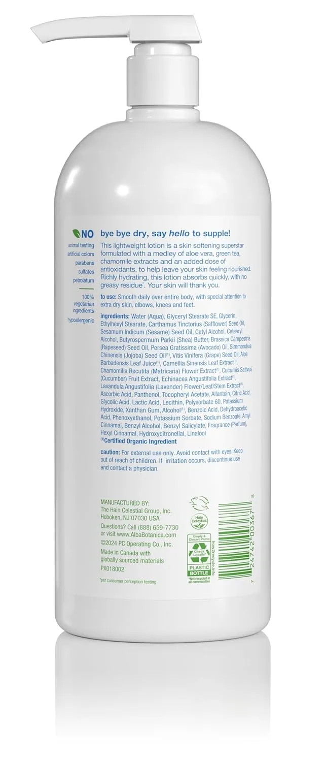Alba Botanica Daily Moisturizing Body Lotion, Normal to Dry Skin, with Vitamin E and Shea Butter, 32 Oz (Packaging May Vary)
