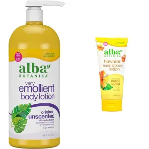 Alba Botanica Very Emollient Body Lotion, Unscented 32 Oz and Hawaiian Hand & Body Lotion, Cocoa Butter 6 Oz Bundle