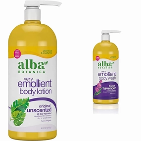 Alba Botanica Very Emollient Body Lotion, Unscented Original, 32 Oz & Very Emollient Body Wash, French Lavender, 32 Oz