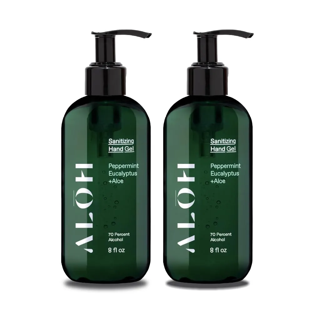 ALŌH Sanitizing Hand Gel 2-pack | Peppermint Eucalyptus   Aloe | 70% Alcohol Hydrating Hand Sanitizer Gel with Essential Oil, for Kids & Adults | 8oz Bottle (Set of 2)