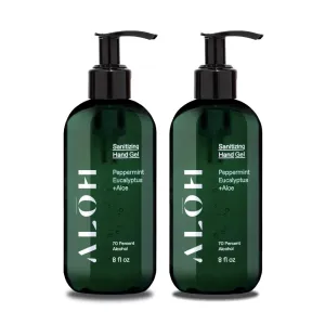 ALŌH Sanitizing Hand Gel 2-pack | Peppermint Eucalyptus   Aloe | 70% Alcohol Hydrating Hand Sanitizer Gel with Essential Oil, for Kids & Adults | 8oz Bottle (Set of 2)