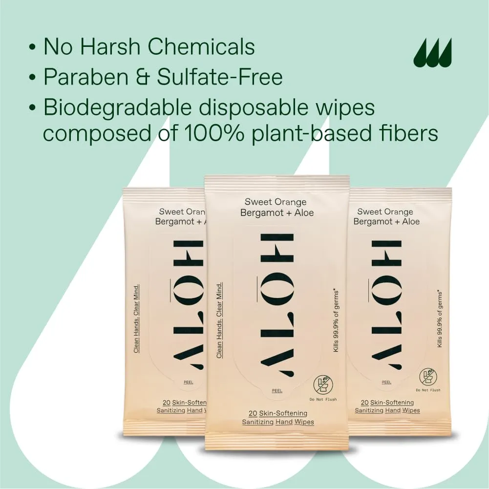 ALŌH Sweet Orange Bergamot   Aloe Sanitizing Hand Wipes - Clean Hands, Clear Mind - On The Go Hand Sanitizing Wipes for Kids and Adults - Travel Size 3 Pack 20ct Wipes (60 wipes)