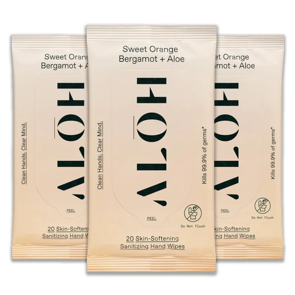 ALŌH Sweet Orange Bergamot   Aloe Sanitizing Hand Wipes - Clean Hands, Clear Mind - On The Go Hand Sanitizing Wipes for Kids and Adults - Travel Size 3 Pack 20ct Wipes (60 wipes)