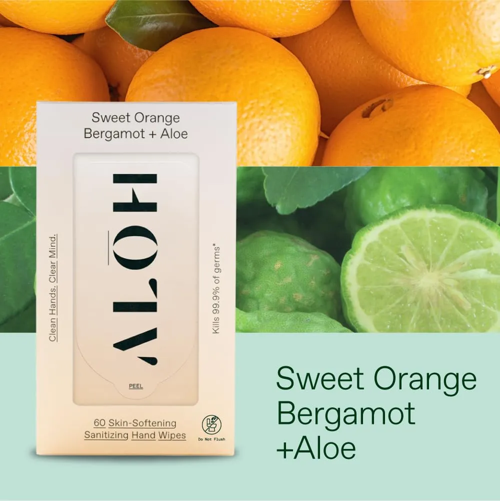 ALŌH Sweet Orange Bergamot   Aloe Sanitizing Hand Wipes - Clean Hands, Clear Mind - On The Go Hand Sanitizing Wipes for Kids and Adults - Travel Size 3 Pack 20ct Wipes (60 wipes)
