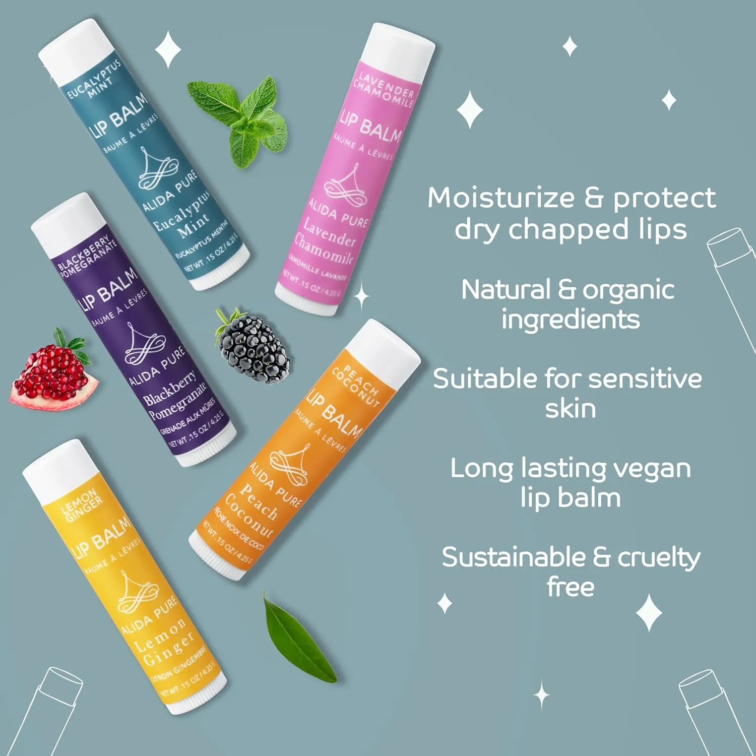 ALIDA PURE Duet Lip Balm Collection, Vegan, Lip Balm, Beeswax Free, with Avocado Oil, Organic Jojoba Oil, and Vitamin E, Natural Moisturizer for Dry, Chapped Lips, 5 Tube Set