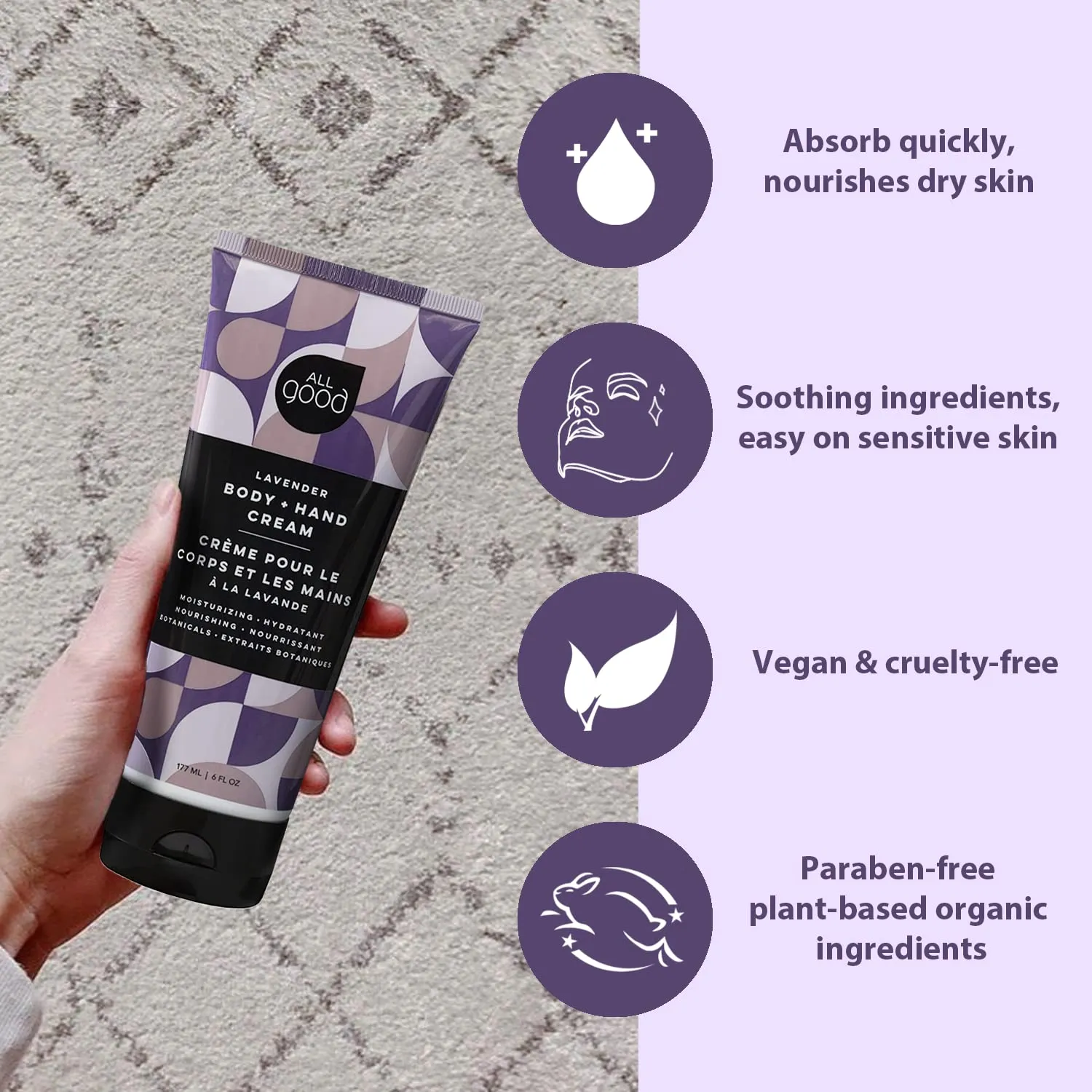 All Good Hand & Body Lotion - Moisturizing Organic Lotion, Essential Oils, Calendula, Cocoa Butter, Coconut & Rose Hip Oil, Non GMO, Vegan (Lavender)(3-Pack)
