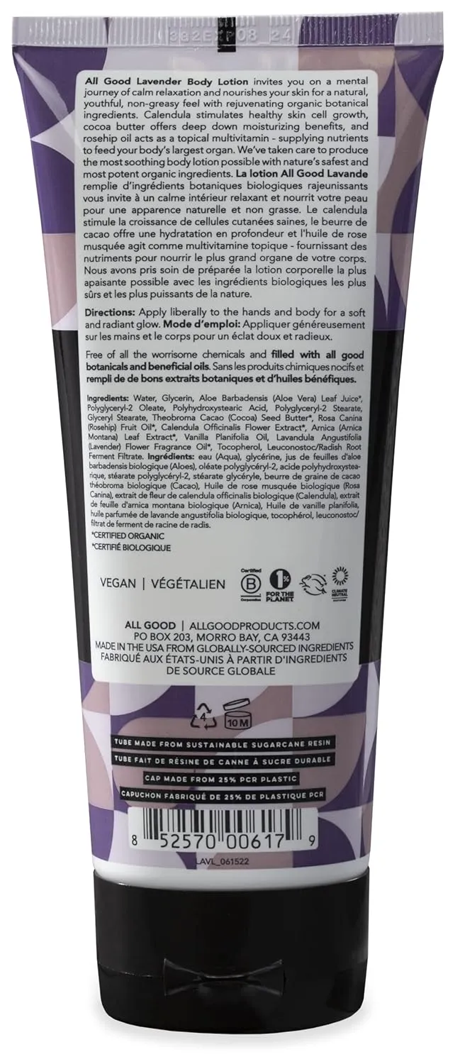 All Good Hand & Body Lotion - Moisturizing Organic Lotion, Essential Oils, Calendula, Cocoa Butter, Coconut & Rose Hip Oil, Non GMO, Vegan (Lavender)(3-Pack)