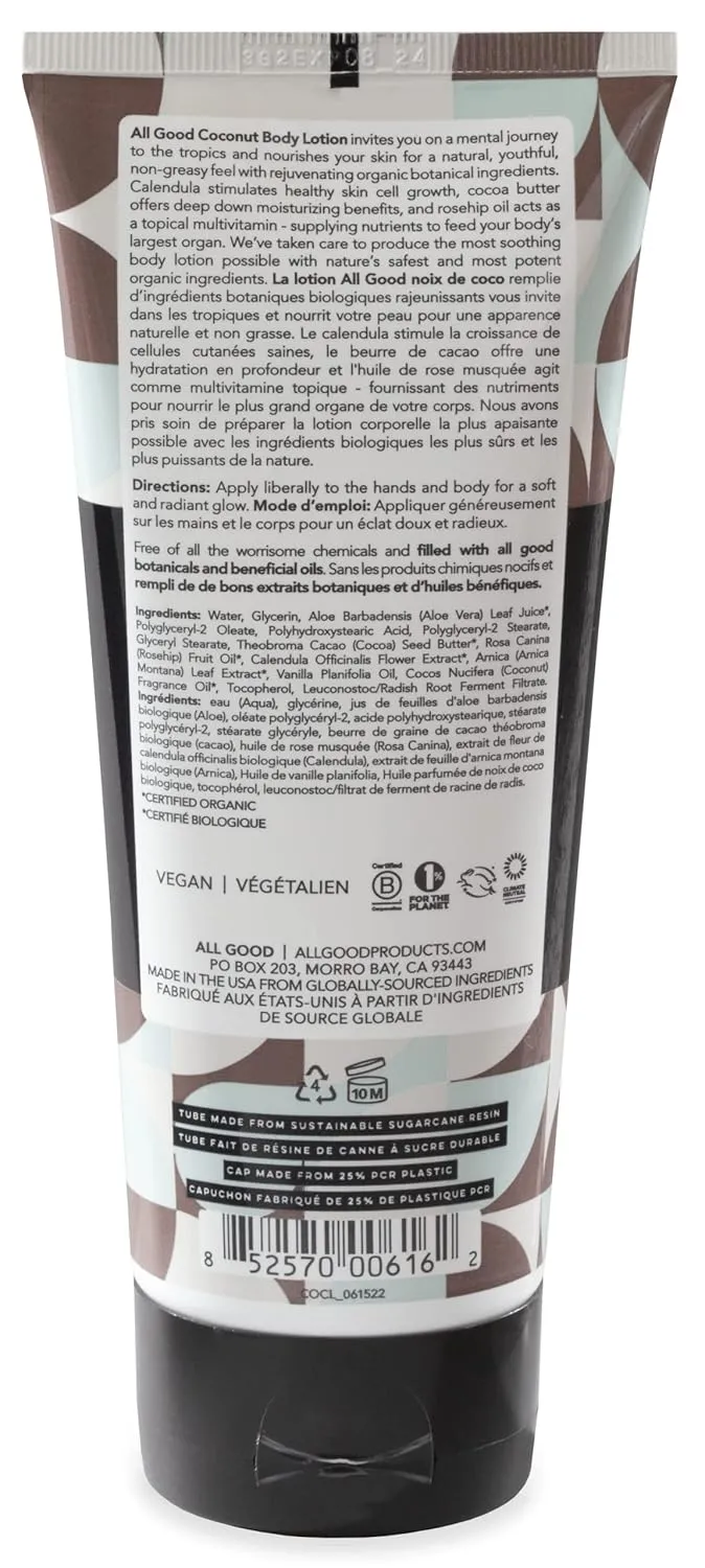 All Good Hand & Body Lotion - Moisturizing Organic Lotion for Dry Skin - Essential Oils, Cocoa Butter, Rosehip Oil, Arnica, Vitamin E - 6 fl oz (3-pack, Coconut, Lavender, Jasmine Rose)