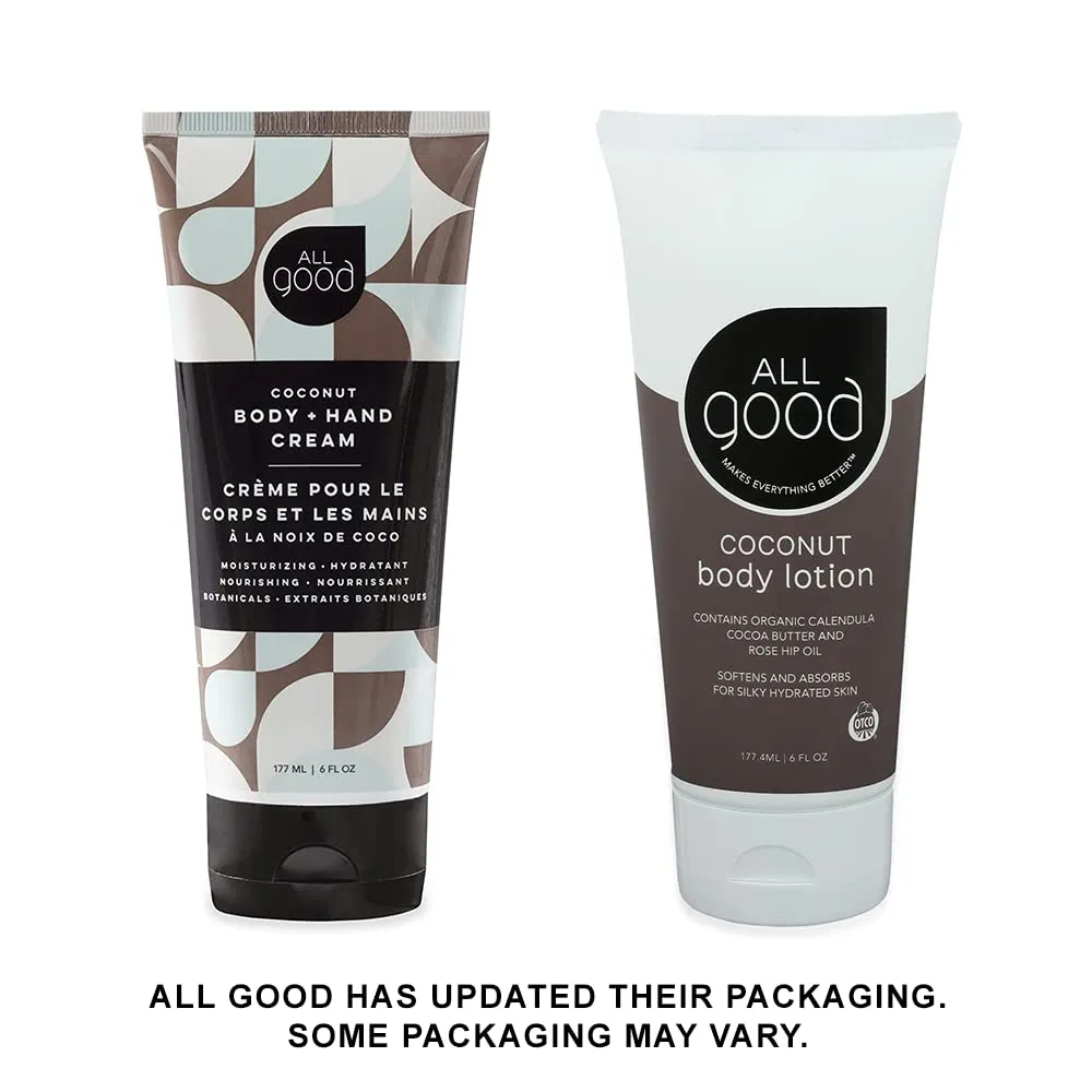 All Good Hand & Body Lotion - Moisturizing Organic Lotion for Dry Skin - Essential Oils, Cocoa Butter, Rosehip Oil, Arnica, Vitamin E - 6 fl oz (3-pack, Coconut, Lavender, Jasmine Rose)