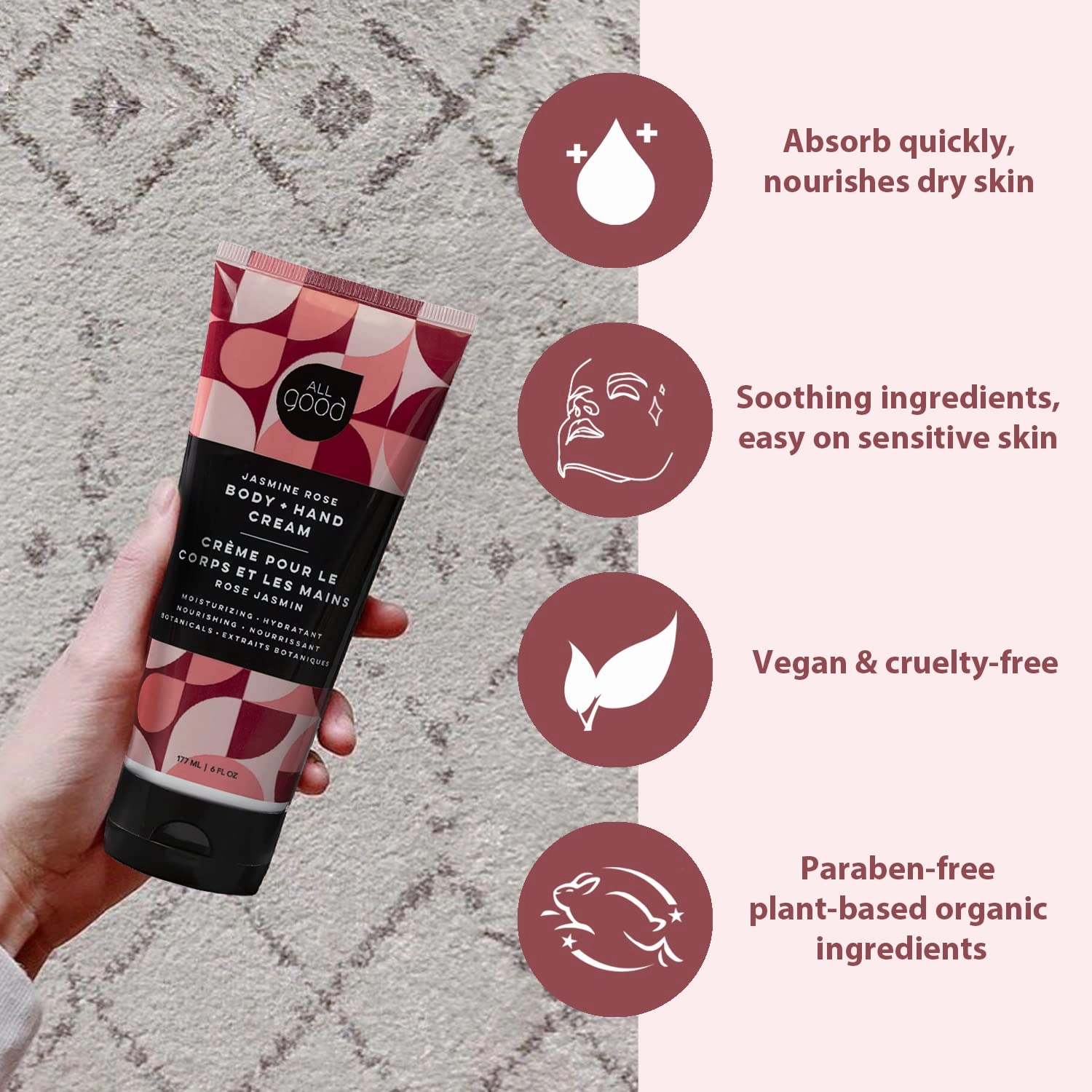 All Good Hand & Body Lotion - Moisturizing Organic Lotion for Dry Skin - Jasmine Oil, Cocoa Butter, Rosehip Oil, Arnica, Vitamin E - Non-Greasy Body Butter, 6 fl oz (2-pack, Jasmine Rose)