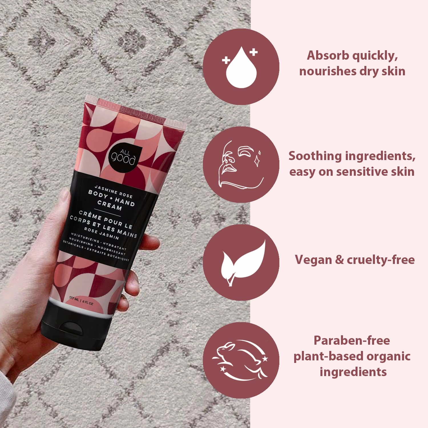 All Good Hand & Body Lotion - Moisturizing Organic Lotion for Dry Skin - Jasmine Oil, Cocoa Butter, Rosehip Oil, Arnica, Vitamin E - Non-Greasy Body Butter, 6 fl oz (3-pack, Jasmine Rose)