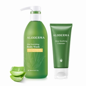 Aloderma Aloe Shower Set - Nourishing Body Wash, Soothing Facial Cleanser