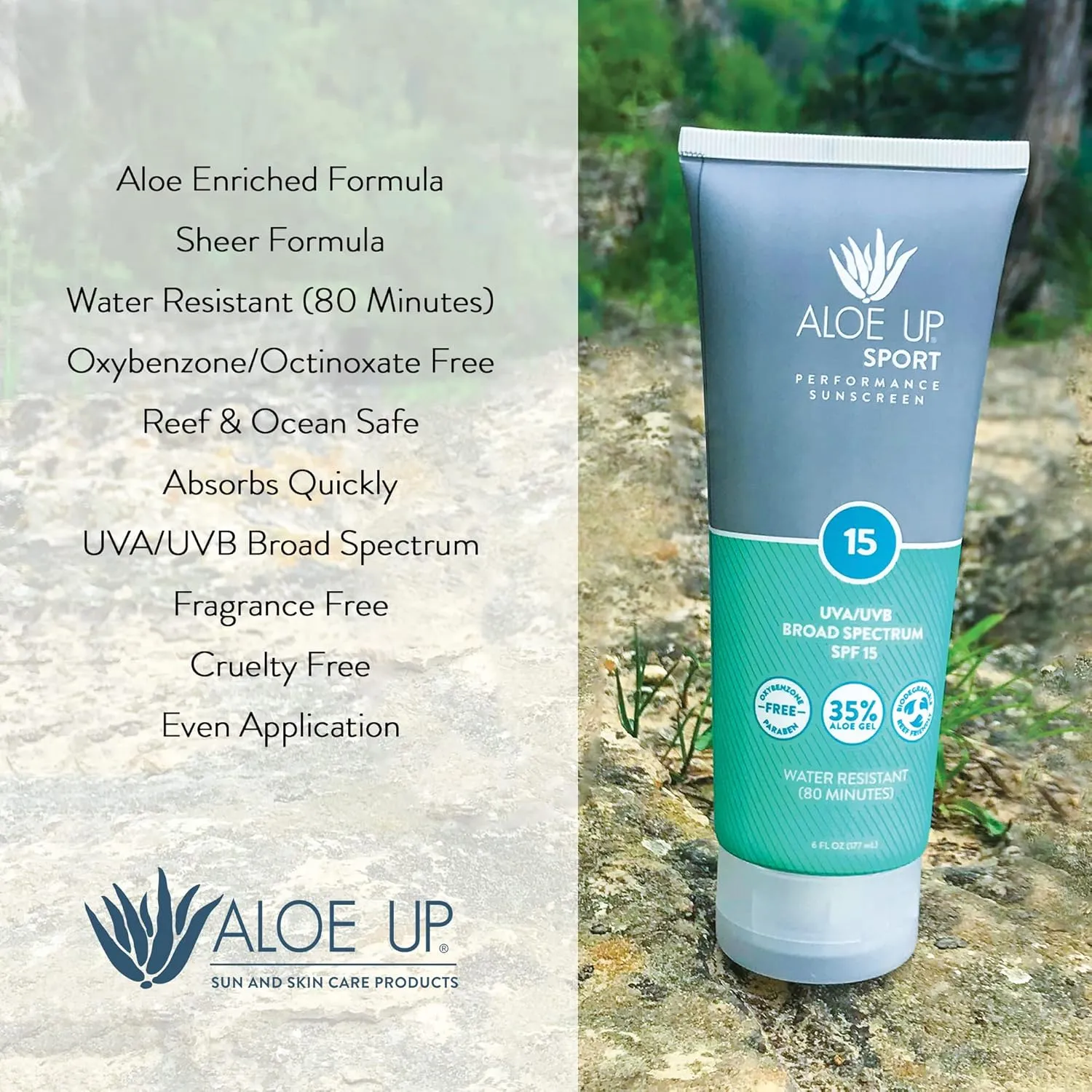 Aloe Up Sport Sunscreen Lotion SPF 15 - Broad Spectrum UVA/UVB Sunscreen Protector for Face and Body - With Hydrating Aloe Vera Gel - Non-Greasy - No White Cast - Reef Safe - Fragrance-Free - 6 Oz