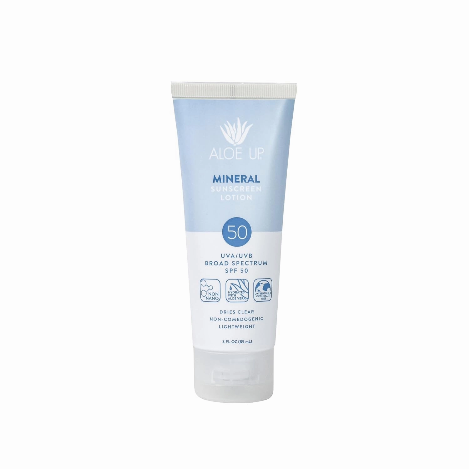 Aloe Up Mineral Sunscreen Lotion SPF 50 - Broad Spectrum UVA/UVB Sunscreen Protector for Face and Body - With Gen2 Zinc Oxide & Aloe Vera Gel - Dries Clear - Reef Safe - Coco-Mango Fragrance - 3 Oz.