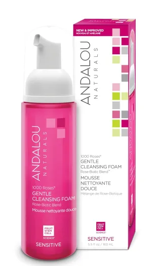 Andalou Naturals 1000 ROSES Gentle Cleansing Foam Face Wash, Hydrating Foaming Facial Cleanser with Rosewater & Aloe for Women & Men, Non Toxic, Vegan