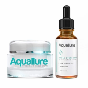 Antioxidant Rescue Cream and NEW! Aquallure Apple Stem Cell Rejuvenating Serum - Anti Aging 2 Step BUNDLE - Moisturizing Peptides, Hyaluronic Acid, Vitamin C 20% - (1 oz each) (2 items)