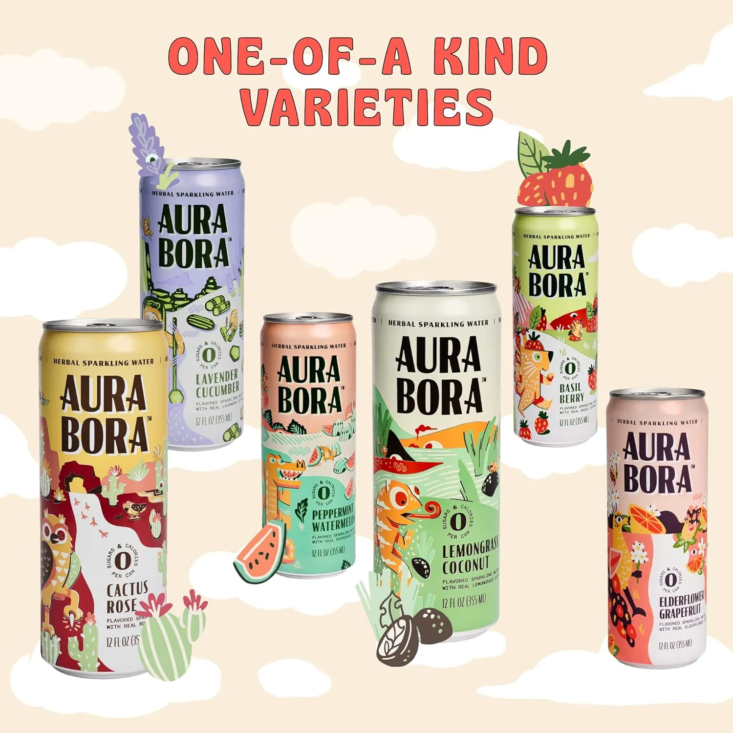 Aura Bora, Lavender Cucumber Herbal Sparkling Water, 12 oz Can (Pack of 12), 0 Calories, 0 Sugar, 0 Sodium, Non-GMO