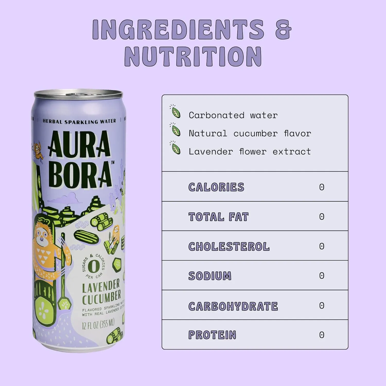 Aura Bora, Lavender Cucumber Herbal Sparkling Water, 12 oz Can (Pack of 12), 0 Calories, 0 Sugar, 0 Sodium, Non-GMO