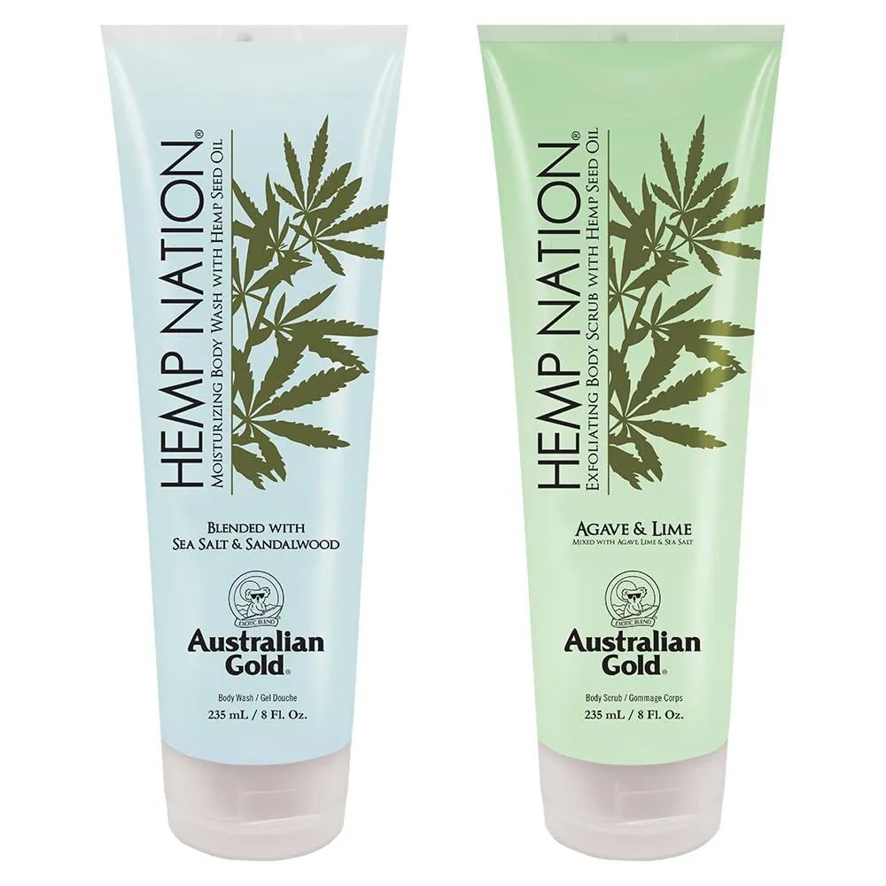 Australian Gold Hemp Nation Shower Bundle - Sea Salt & Sandalwood Body Wash (8 Fl Oz) and Agave & Lime Body Scrub (8 Fl Oz), Moisturizing Wash and Exfoliating Scrub, Pure Hemp Seed Oil