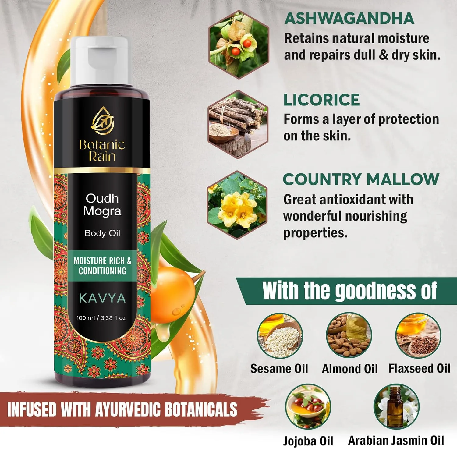 Ayurveda Body Oil With Oudh & Mogra, Organic Body Oil After Shower, Moisturizing & Hydrating Natural Body Oils For Women And Men, 3.38 Fl Oz