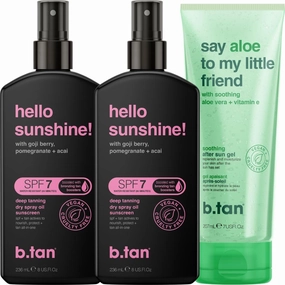 b.tan SPF 7 Tanning Oil Sprays & Aloe Vera Kit | 3 Pack Suncare Bundle - 2 Dark Dry Spray Tanner Browning Oil with 1 Pack Face & Body Cooling Aloe Gel