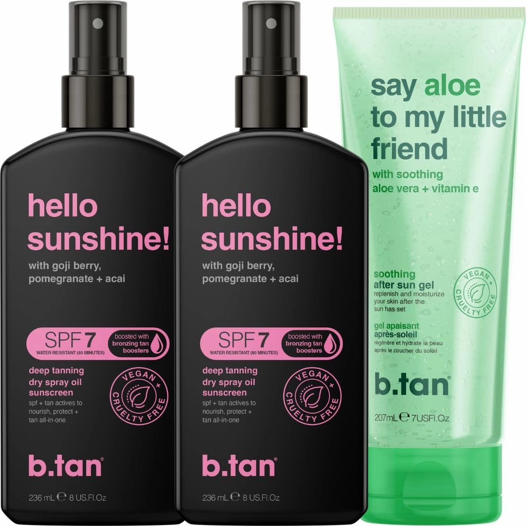 b.tan SPF 7 Tanning Oil Sprays & Aloe Vera Kit | 3 Pack Suncare Bundle - 2 Dark Dry Spray Tanner Browning Oil with 1 Pack Face & Body Cooling Aloe Gel