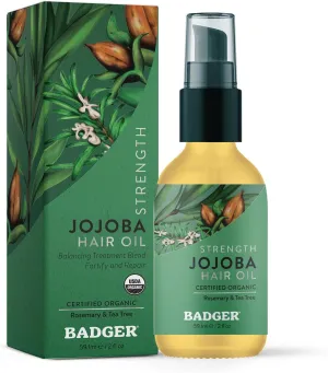 Badger Organic Jojoba Hair Oil & Dry Scalp Treatment, Soothing & Moisturizing, Rosemary and Tea Tree, Organic Jojoba Oil Hair & Scalp Moisturizer, 2 fl oz Glass Bottle