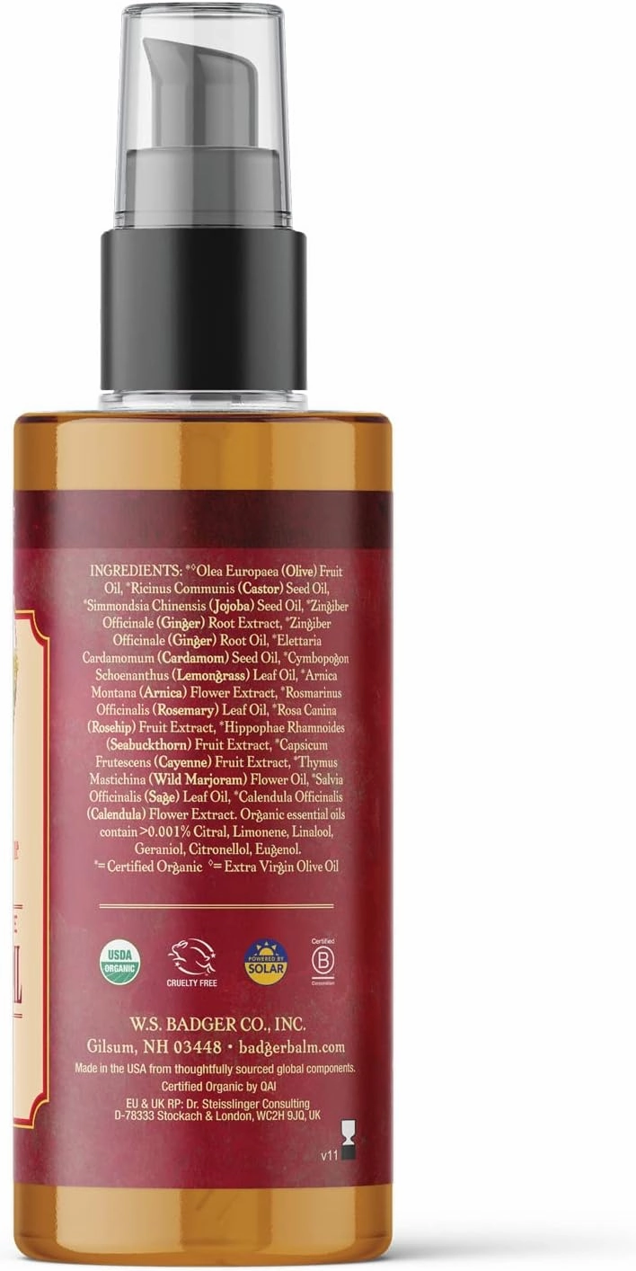 Badger Ginger Massage Oil, 100% Organic Massage Oil, w/Arnica Oil & Cayenne for Warming Soothing Deep Tissue Sore Muscle Relief, 4 fl oz Glass Bottle