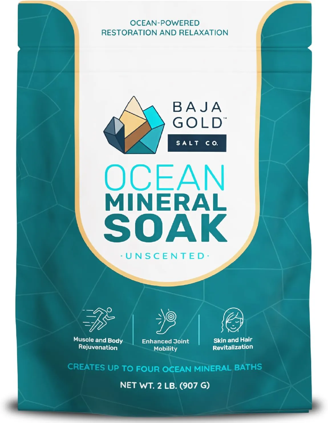 Baja Gold Ocean Mineral Soak- Organic Epsom Salt Bath Soak for Relaxation & Skin - Magnesium Flakes Bath Soak for Sleep & Muscles - Unscented, 2 Lb Resealable Bag