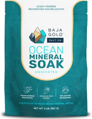 Baja Gold Ocean Mineral Soak- Organic Epsom Salt Bath Soak for Relaxation & Skin - Magnesium Flakes Bath Soak for Sleep & Muscles - Unscented, 2 Lb Resealable Bag