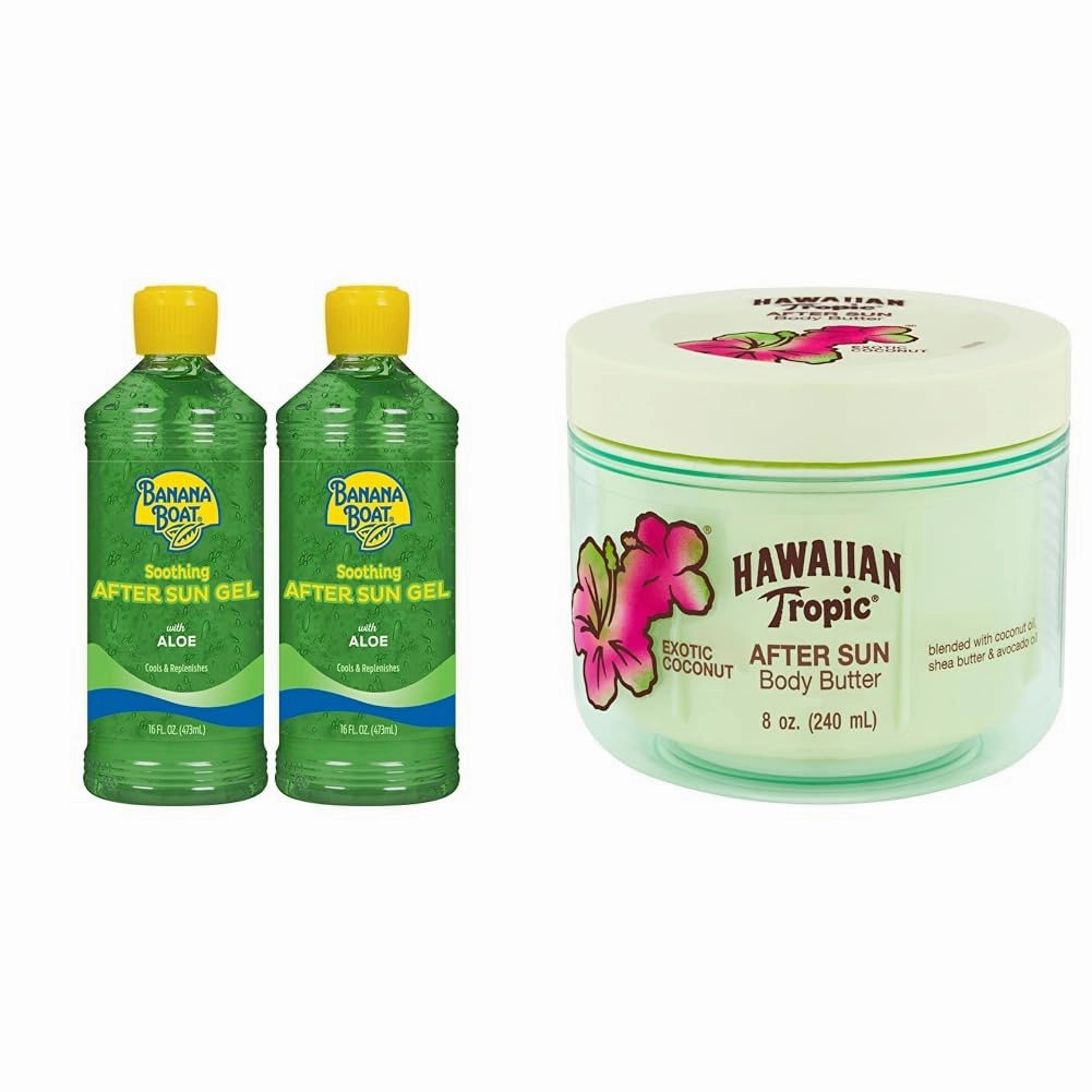 Banana Boat Soothing After Sun Gel with Aloe Twin Pack 16oz each & Hawaiian Tropic After Sun Body Butter with Coconut Oil 8oz