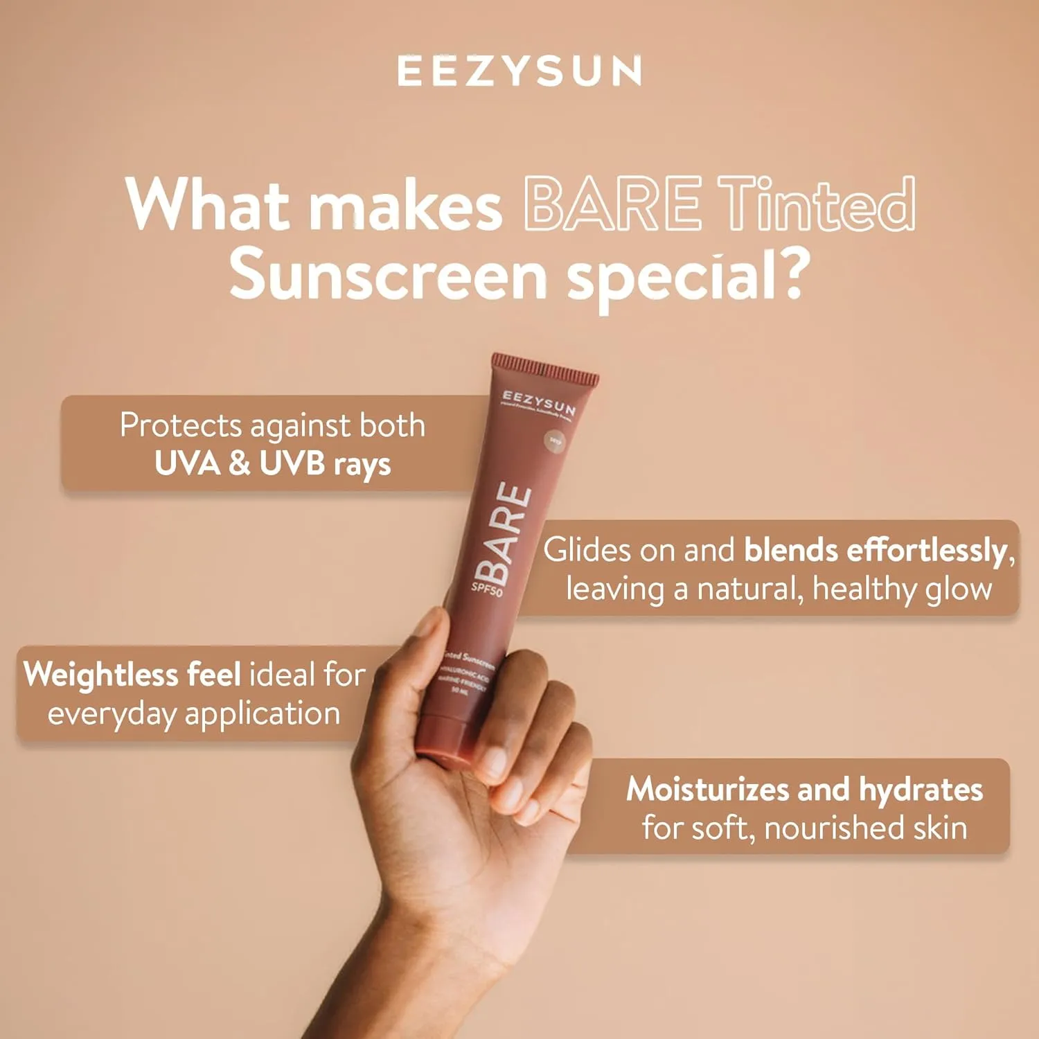 BARE Tinted Sunscreen SPF 50 – Non-Greasy, Water-Resistant, Vegan & Reef-Safe with Hyaluronic Acid & Jojoba Oil – 1.69 fl oz – Deep