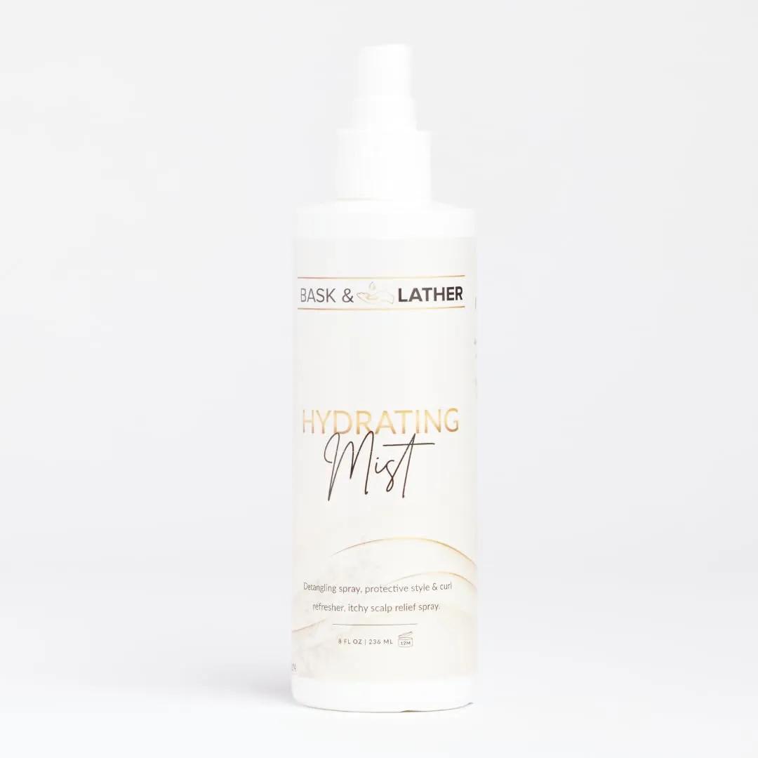 BASK & LATHER Hydrating Hair Mist, Leave-In Conditioner, Itchy Scalp Relief, Detangler, Curl Definer, Aloe Vera, Avocado Oil, For All Hair Types, 8 oz