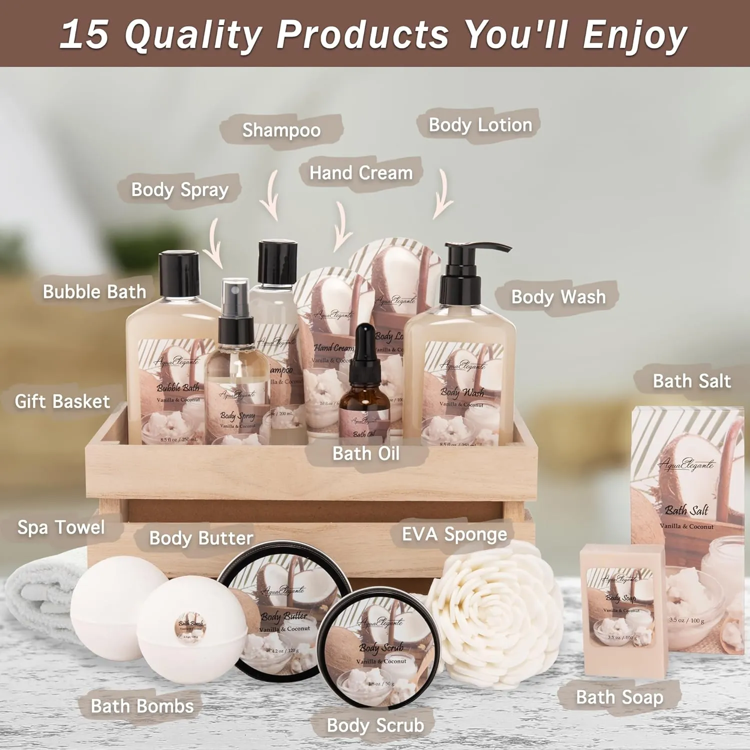 Bath Spa Gift Sets - Luxury Basket With Coconut & Vanilla - Spa Kit Includes Wash, Bubble Bath, Lotion, Bath Salts, Body Scrub, Body Spray, Shower Puff, Bathbombs, Soap and Towel
