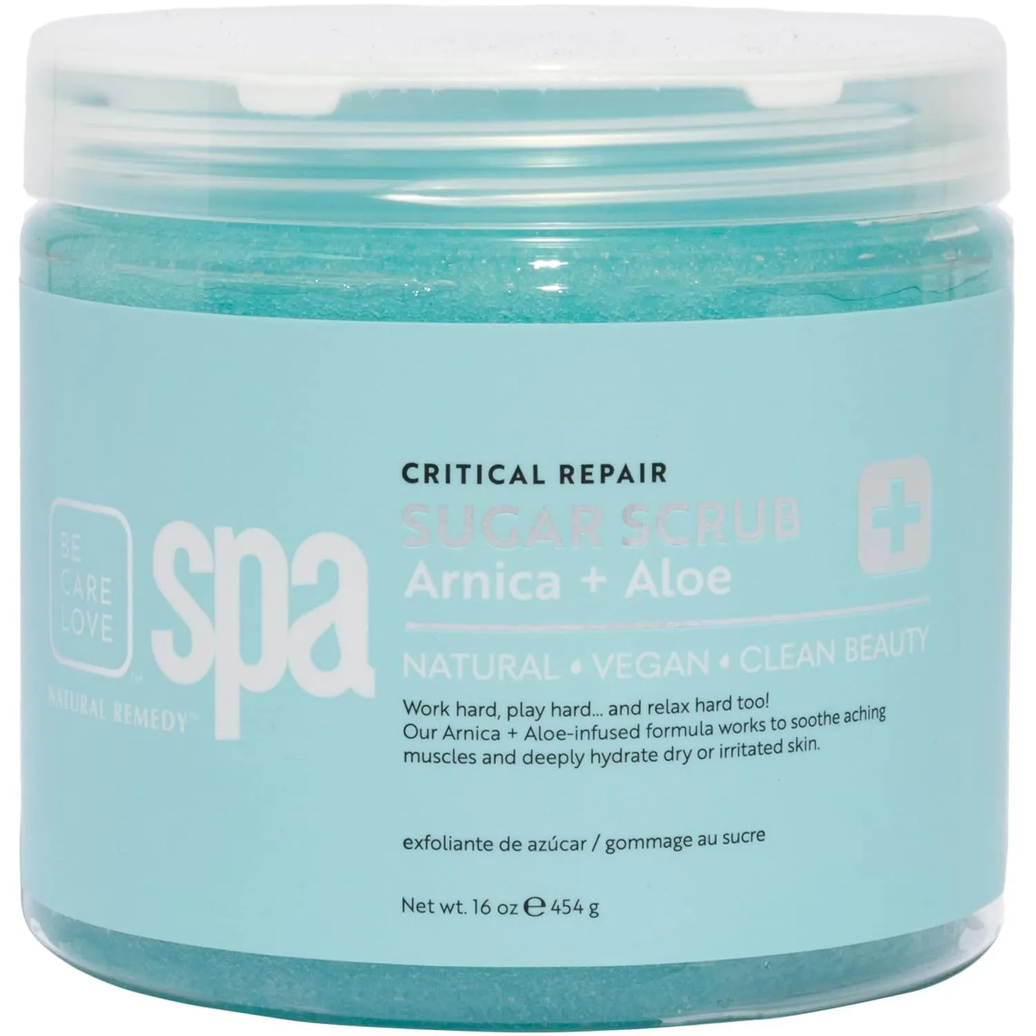BCL Spa Critical Repair organic sugar scrub with Arnica and Aloe Vera, Hydrating & Exfoliating Body Scrub, Soothing & Nourishing organic botanical extracts & oils for hands, body, and foot spa, 16 oz