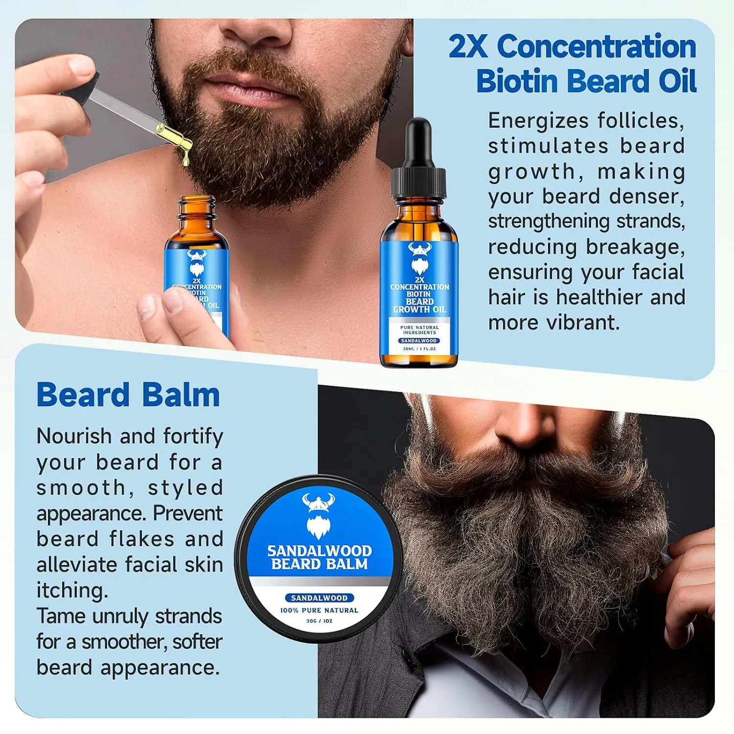 Beard Growth Oil & Beard Balm - Beard Growth Kit with 2X Concentration Biotin for Men, Natural Ingredients with Argan Oil, Jojoba Oil and Vitamin (Sandalwood)