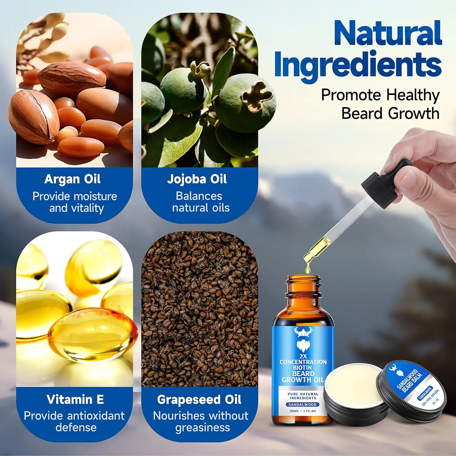 Beard Growth Oil & Beard Balm - Beard Growth Kit with 2X Concentration Biotin for Men, Natural Ingredients with Argan Oil, Jojoba Oil and Vitamin (Sandalwood)